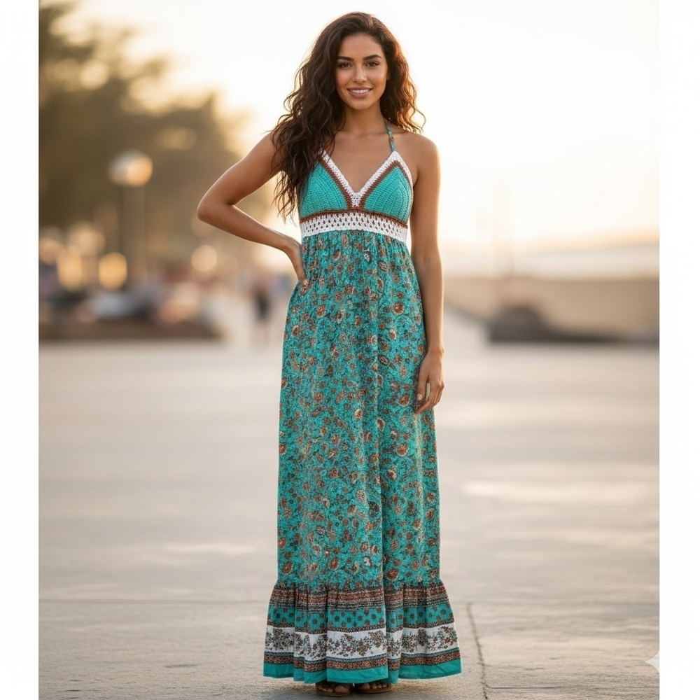 Allison & Kelly Teal Rust Orange Crochet Bust Floral Flowy Skirt Maxi Dress